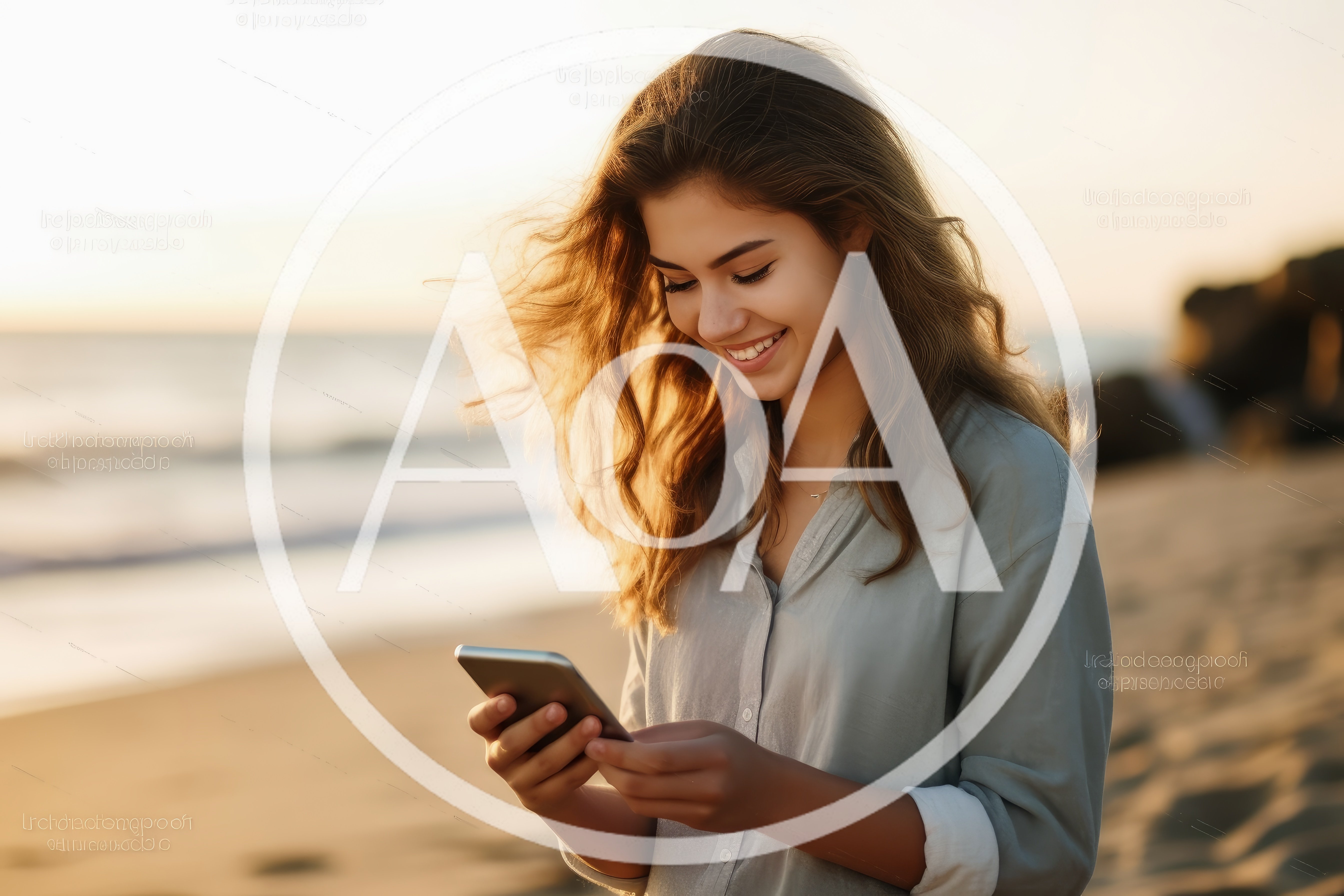 Young Woman Smiling While Using Smartphone On Beach