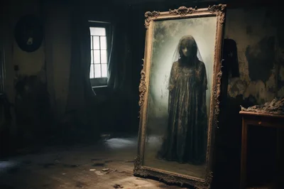 Ghostly Figure Standing Inside An Ornate Antique Mirror