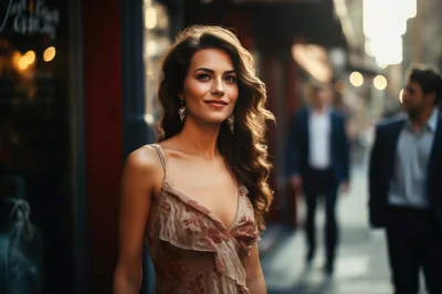 Elegant Woman Walking Through A Bustling City Street