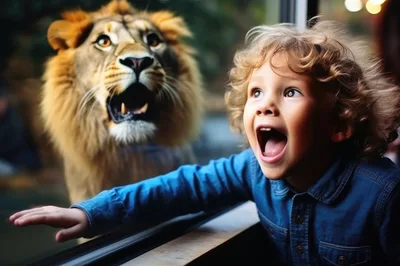 Excited Young Boy Looking At A Lion Through Glass