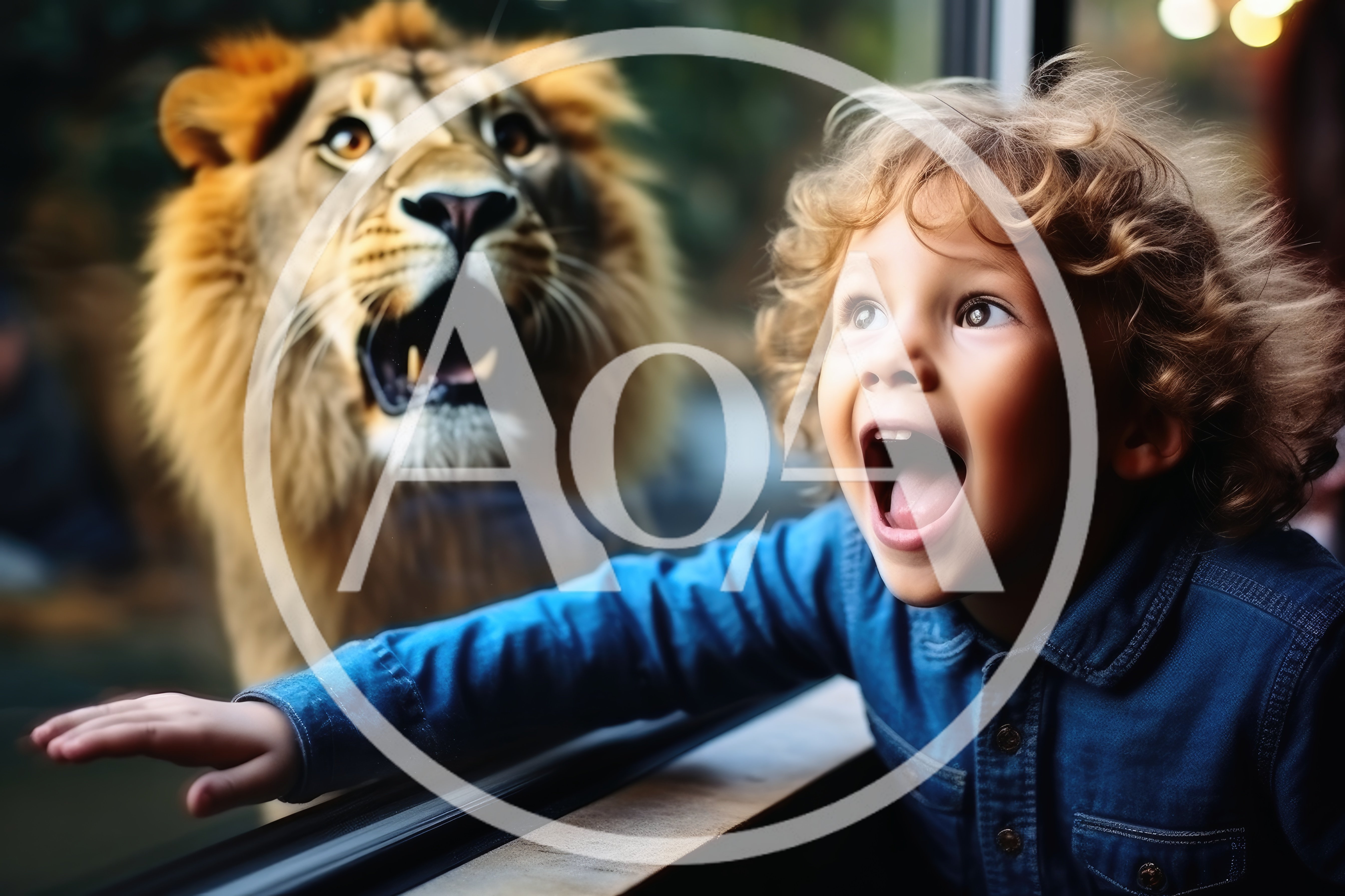 Excited Young Boy Looking At A Lion Through Glass