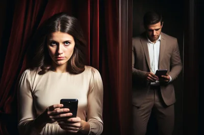 Woman And Man Using Smartphones In Separate Rooms