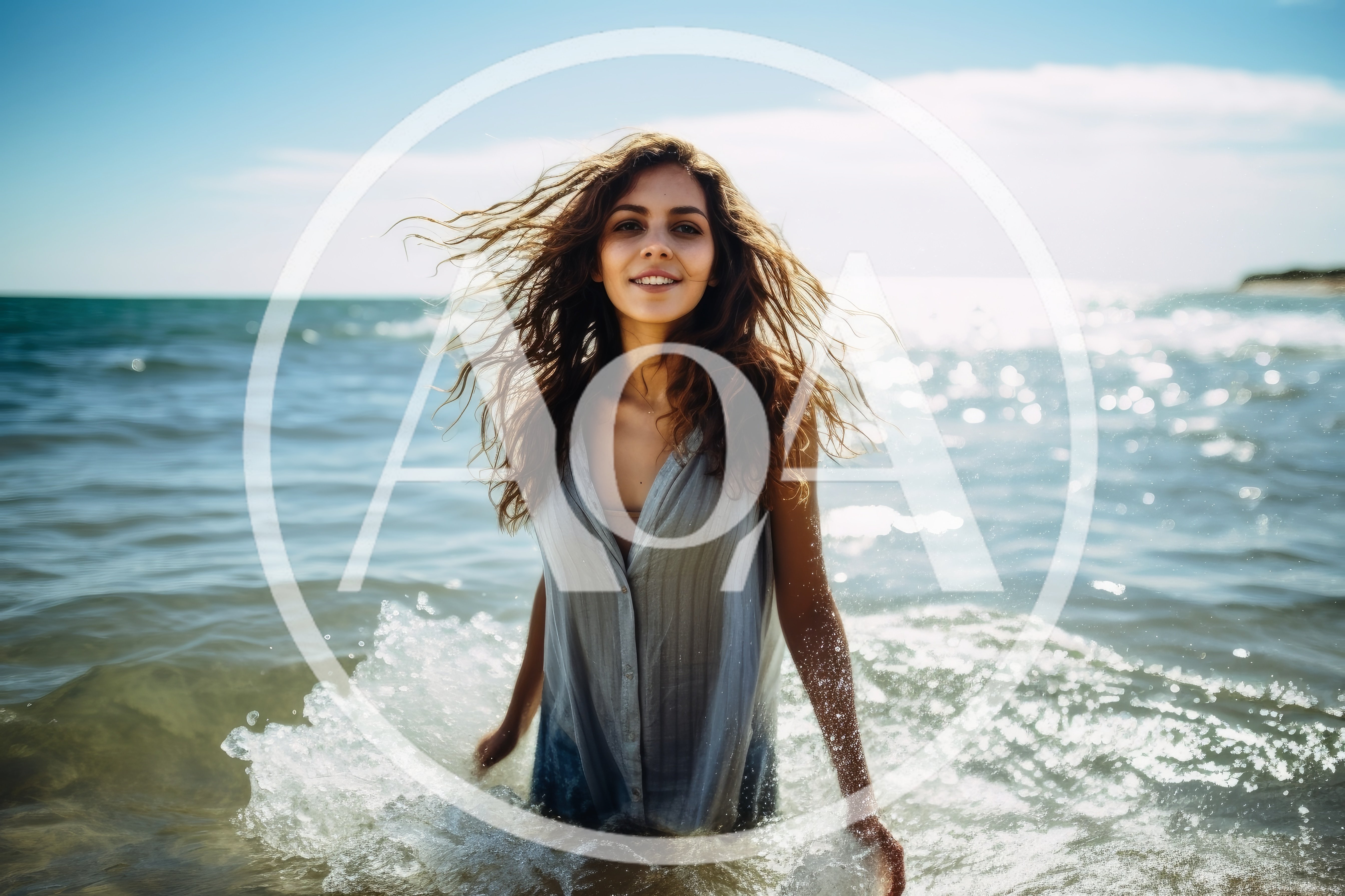 Young Woman Walking Through Ocean Waves At Sunset
