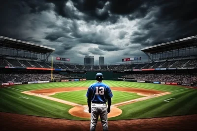 Baseball Player Standing On Pitchers Mound At Stadium