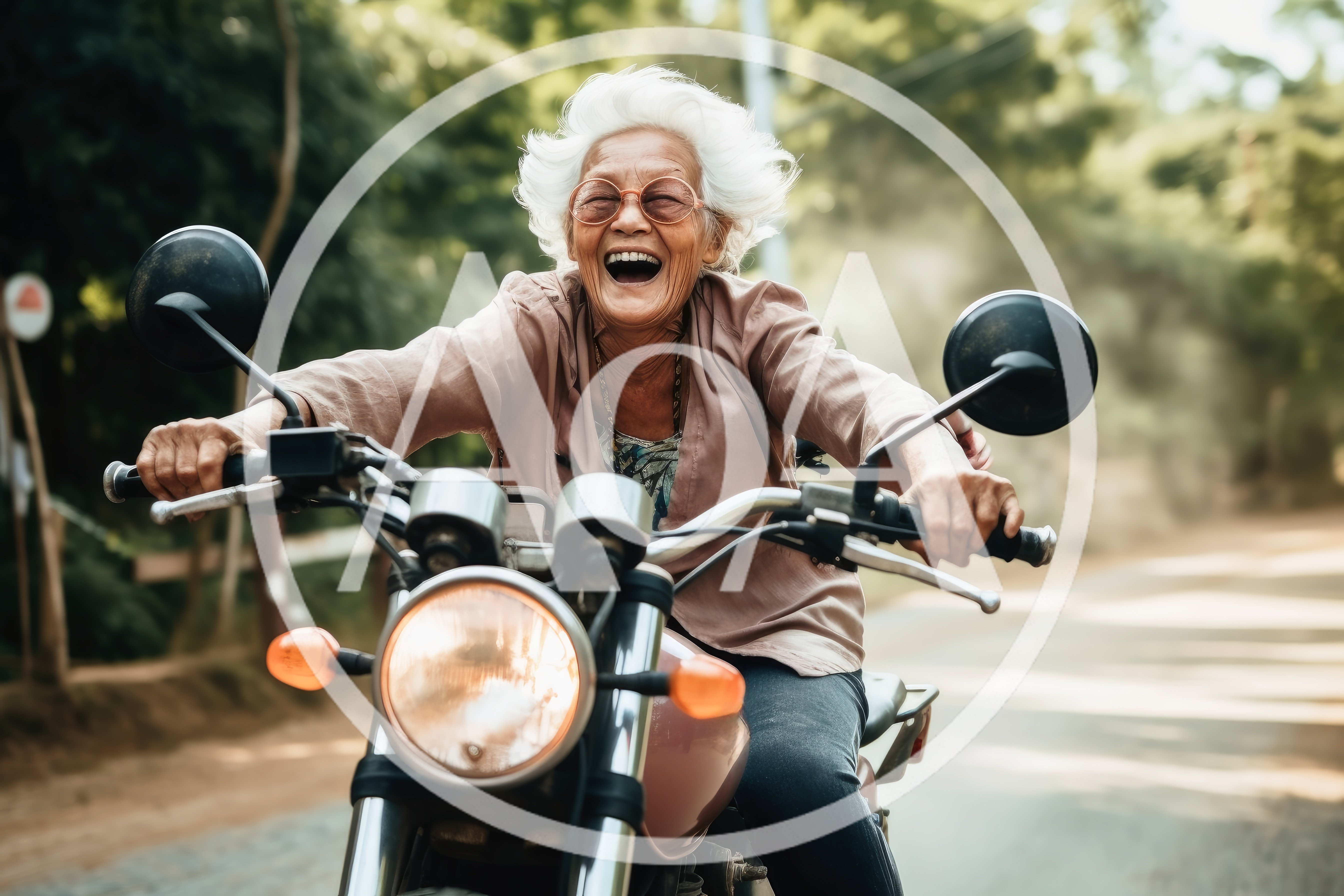 Joyful Elderly Woman Riding A Motorcycle Outdoors