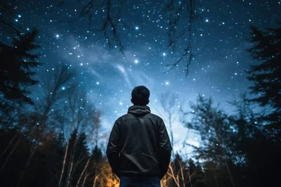 Man Standing Alone Looking At The Starry Night Sky