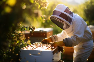 Beekeeper Inspecting Honeycomb Frames In A Sunny Apiary