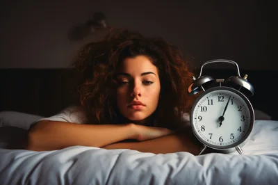 Young Woman With Curly Hair Lying Awake With Alarm Clock