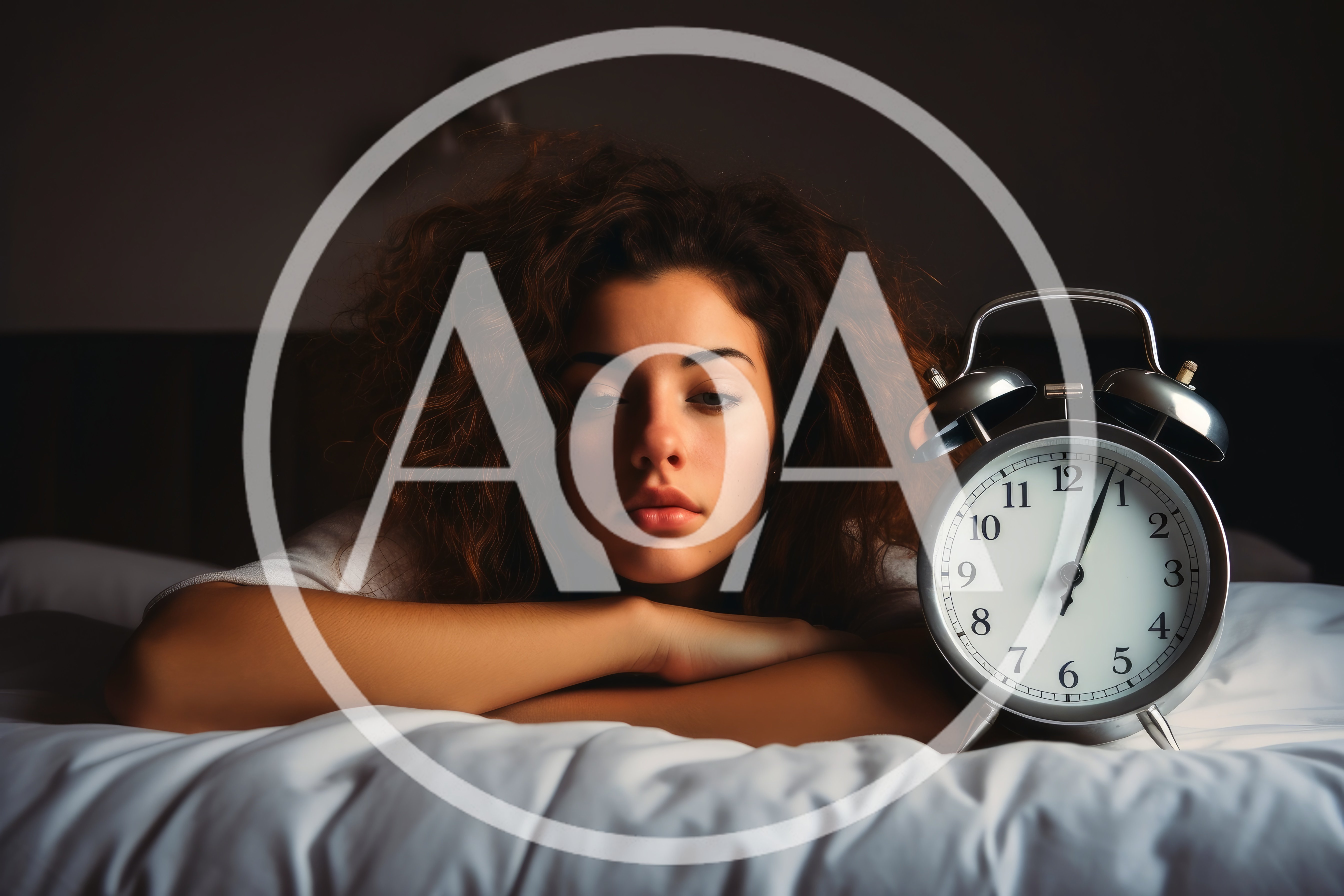 Young Woman With Curly Hair Lying Awake With Alarm Clock