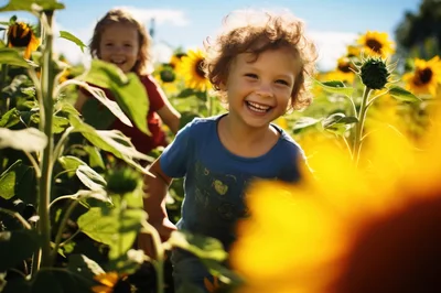 Two Happy Children Running Through A Sunny Sunflower Field