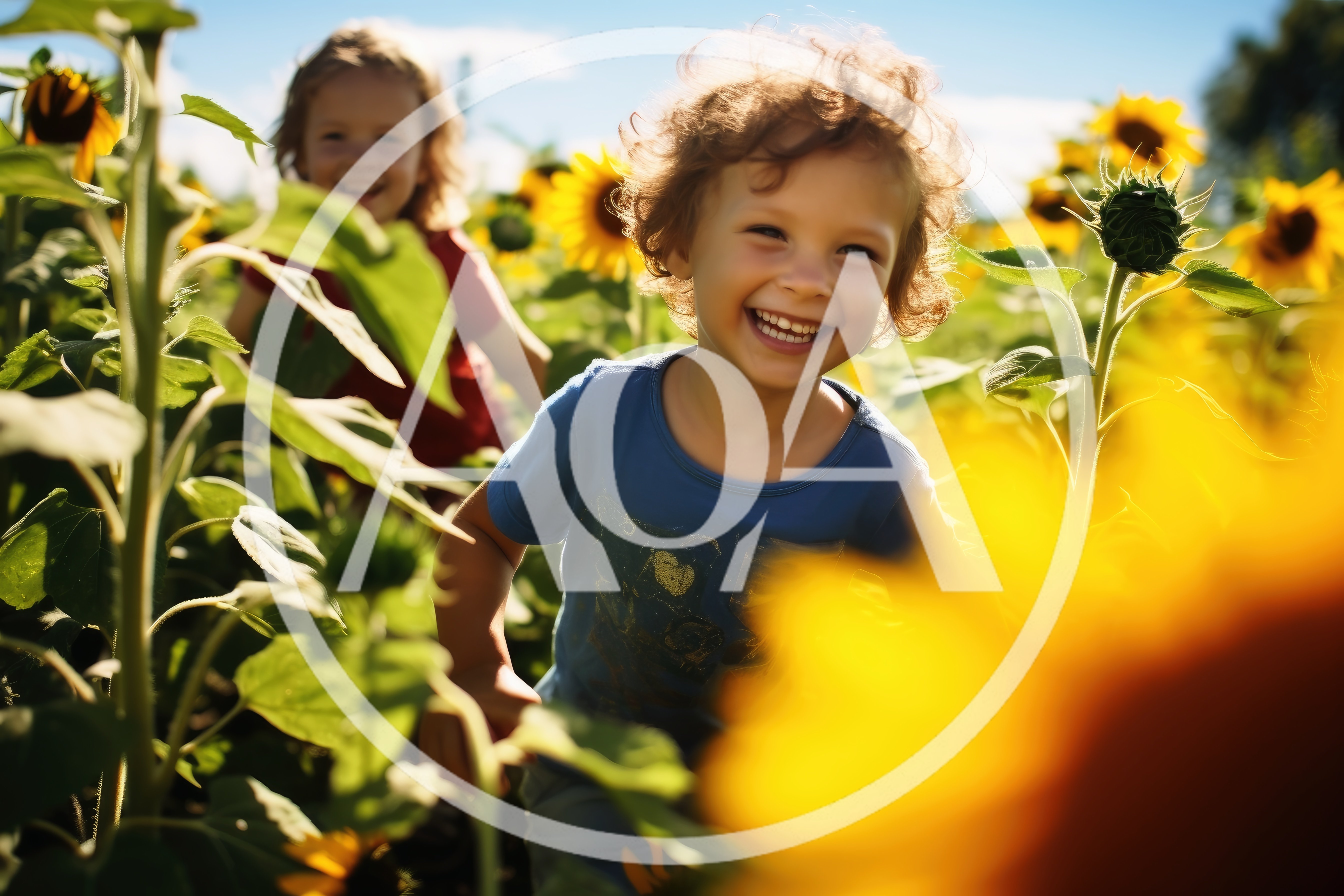 Two Happy Children Running Through A Sunny Sunflower Field