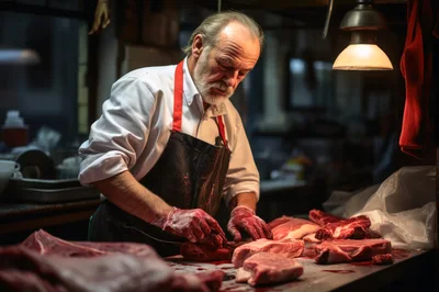 Elderly Butcher Preparing Raw Meat Cuts