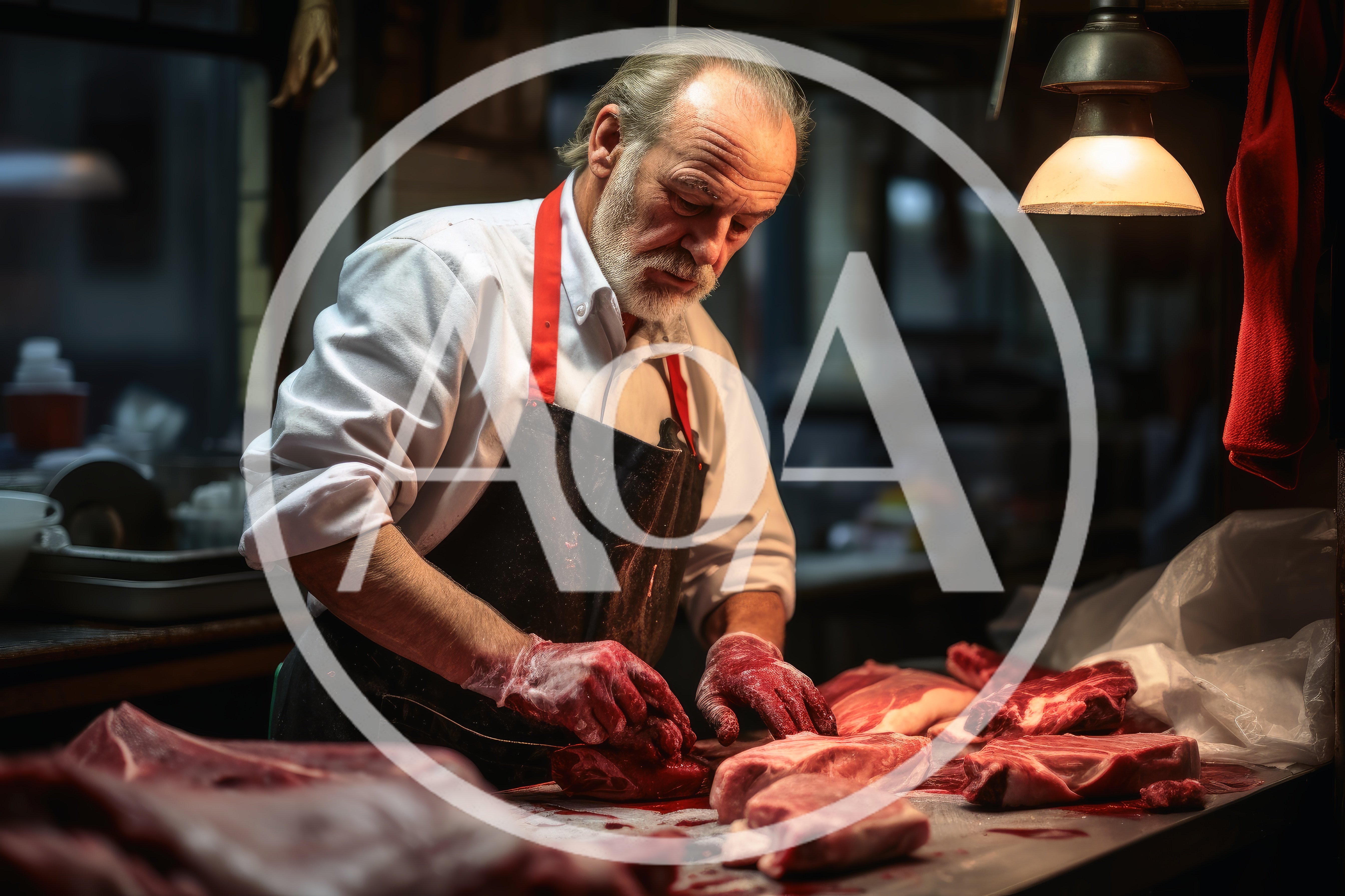 Elderly Butcher Preparing Raw Meat Cuts