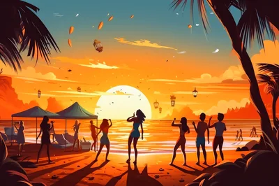People Dancing At A Tropical Beach Sunset Party
