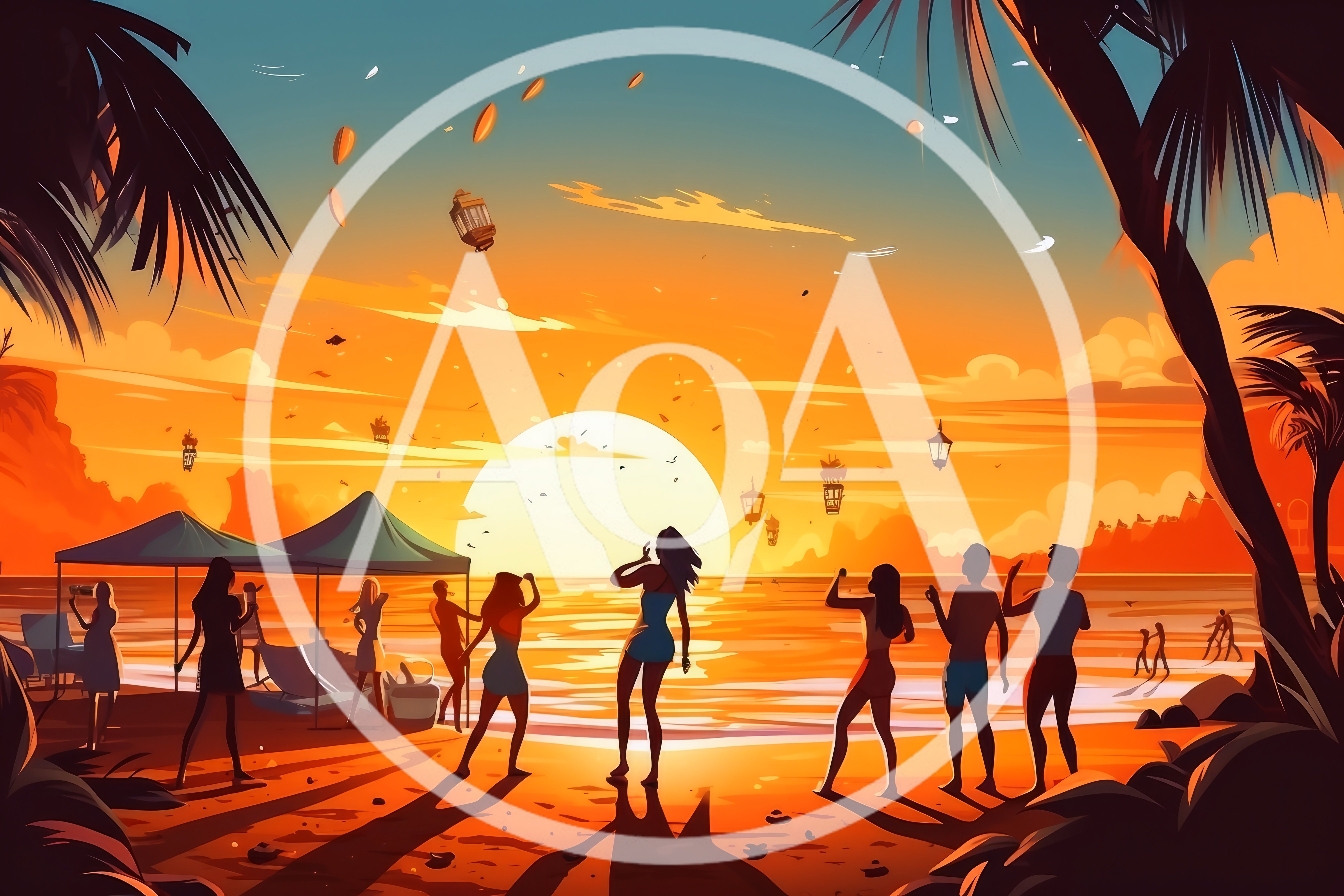People Dancing At A Tropical Beach Sunset Party