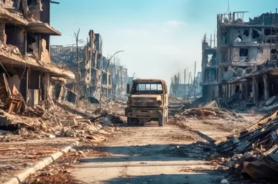Abandoned Military Truck In War Torn City Ruins