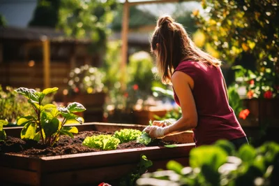 Woman Gardening In A Raised Vegetable Bed