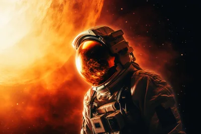 Astronaut Standing Before A Glowing Red Celestial Body