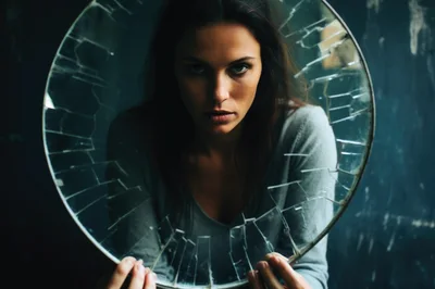 Woman Holding A Shattered Circular Mirror