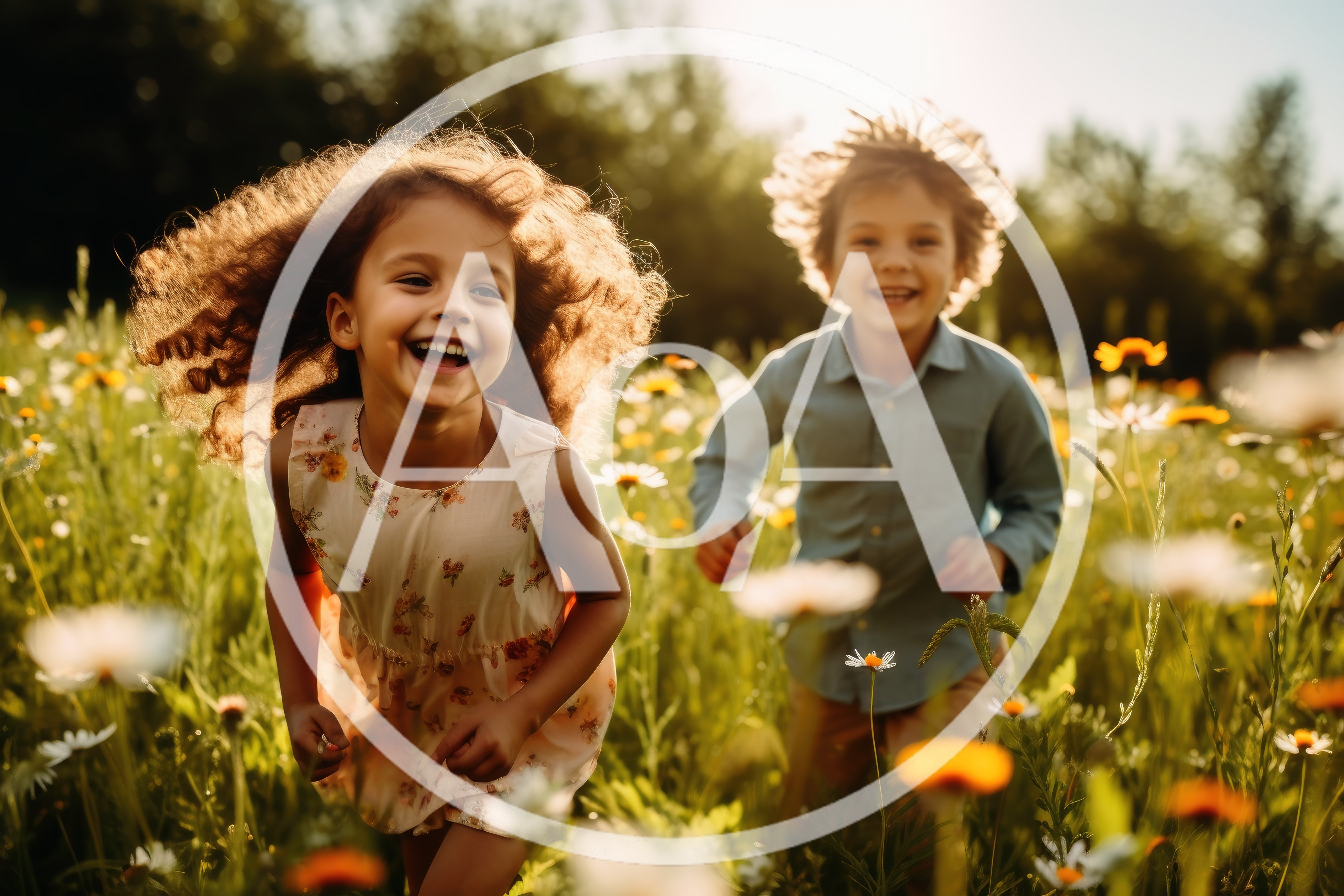 Happy Children Running Through A Sunny Wildflower Meadow