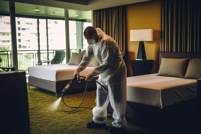 Professional Cleaner Sanitizing Hotel Room With Spray Equipment