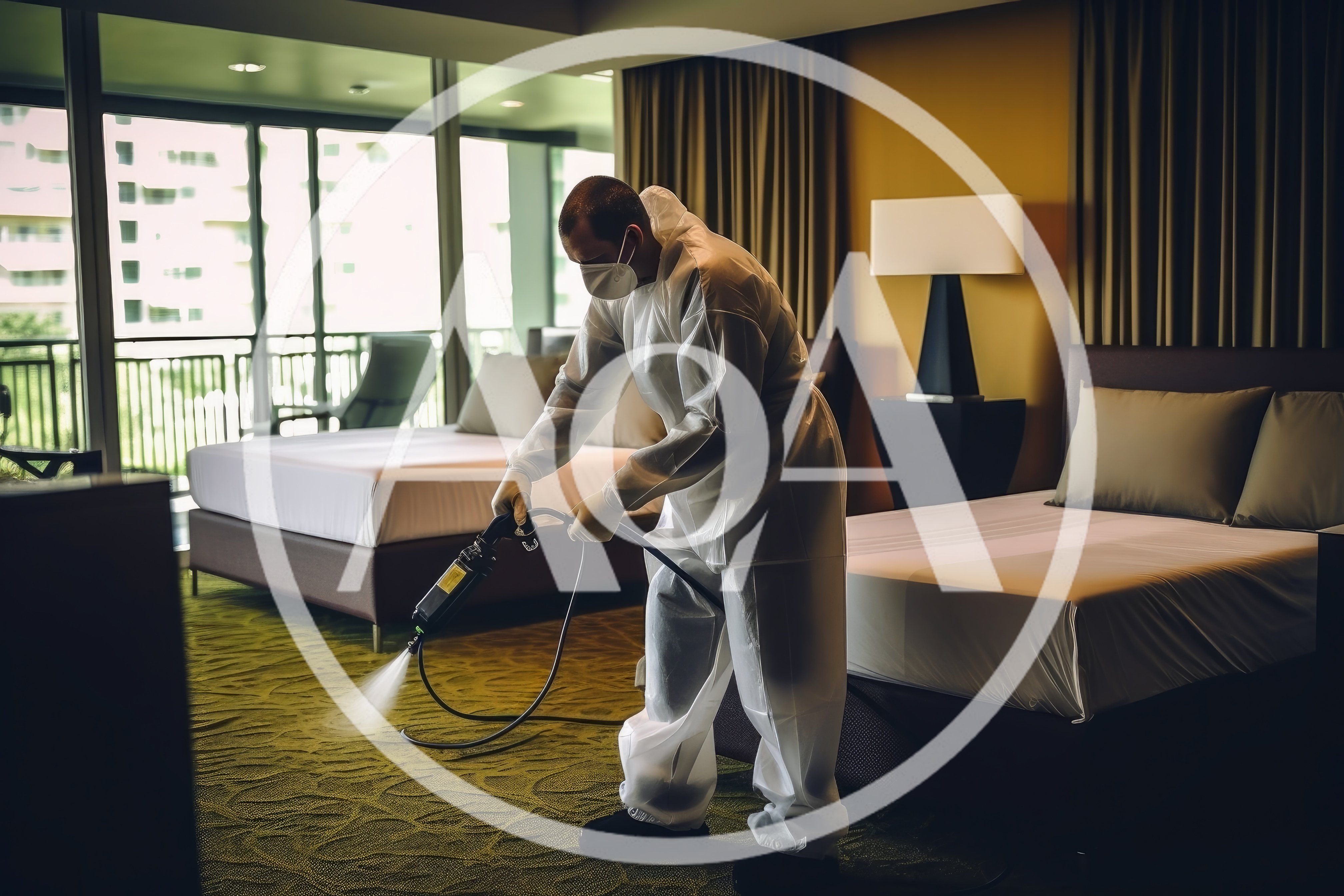 Professional Cleaner Sanitizing Hotel Room With Spray Equipment