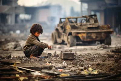 Young Child Squatting Amidst War Torn Urban Ruins