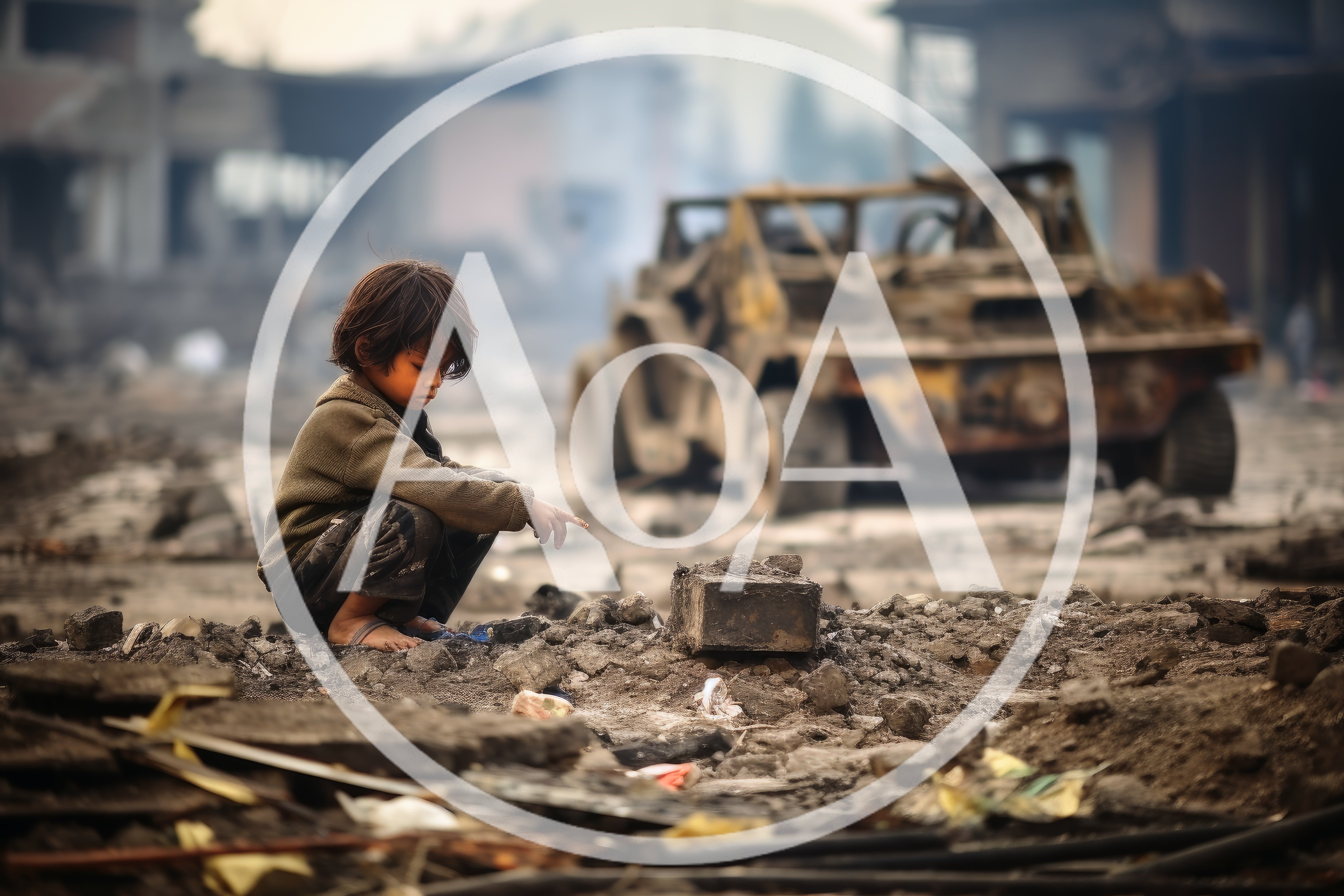 Young Child Squatting Amidst War Torn Urban Ruins