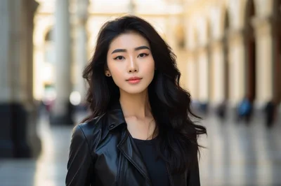 Portrait Of A Young Asian Woman In Leather Jacket