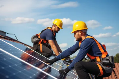 Two Technicians Installing Solar Panels on a Residential Roof