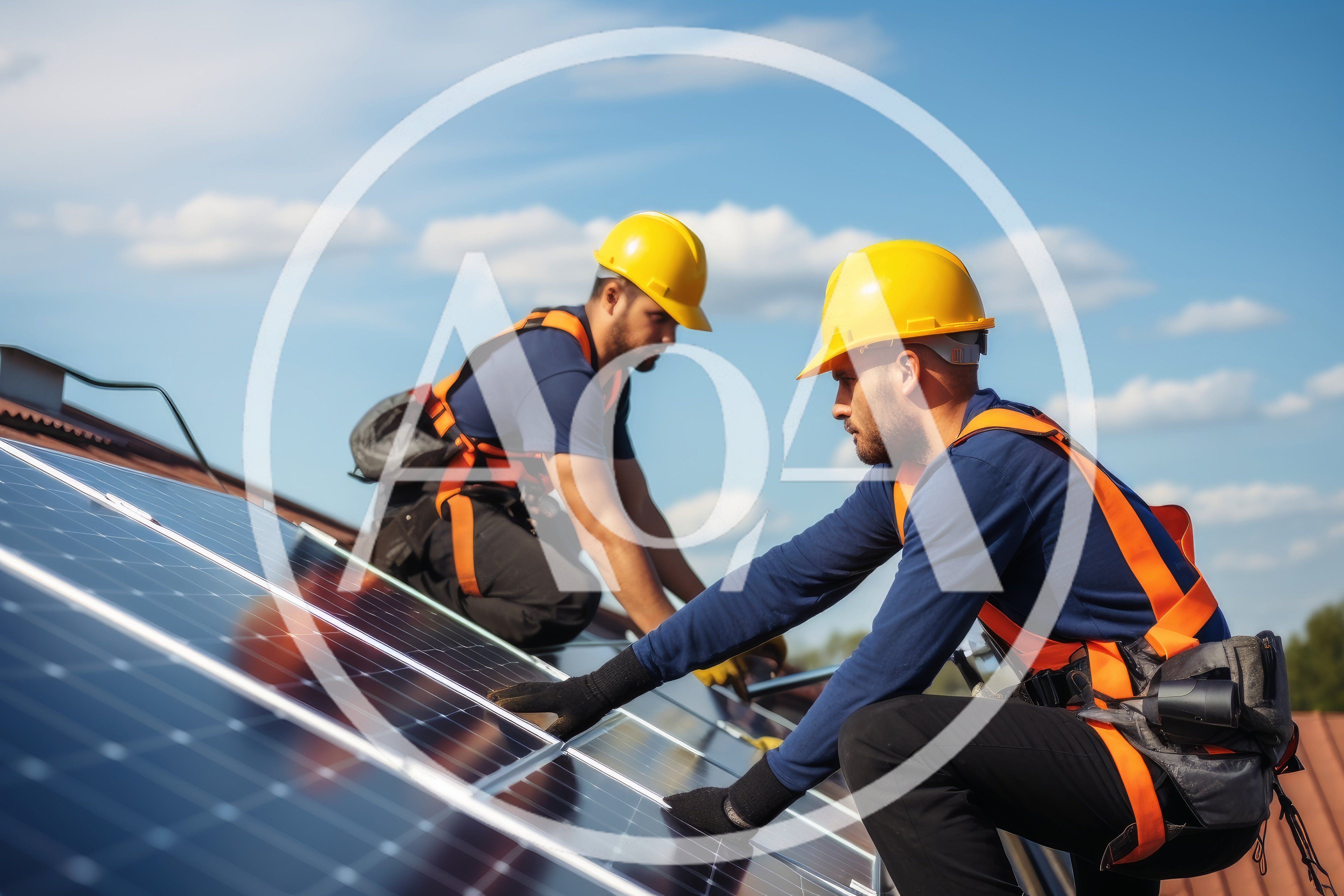 Two Technicians Installing Solar Panels on a Residential Roof