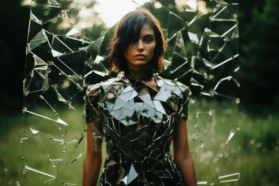 Fashion Model Wearing Geometric Mirror Shard Dress