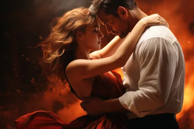 Romantic Couple Embracing Amidst Fiery Background