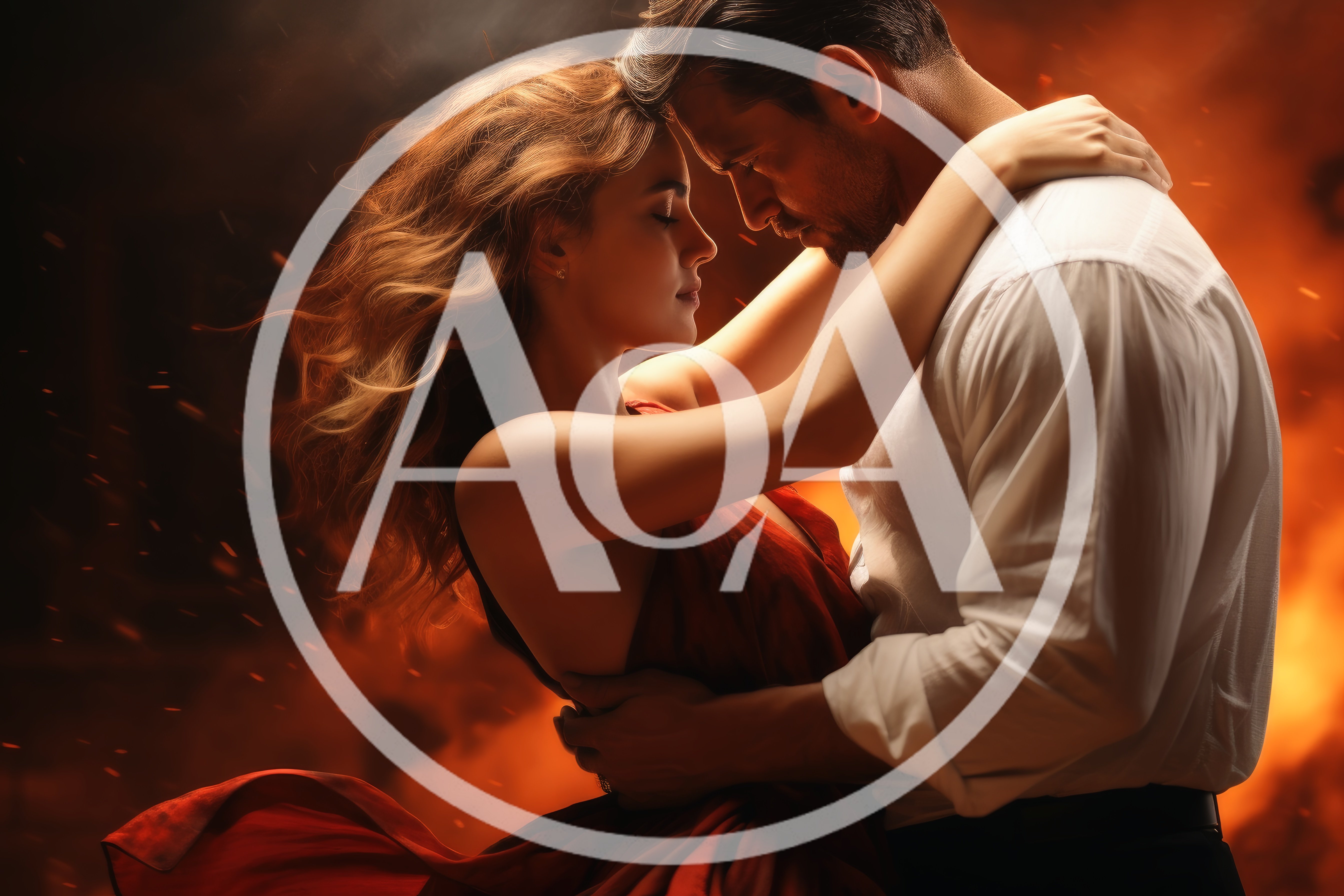 Romantic Couple Embracing Amidst Fiery Background