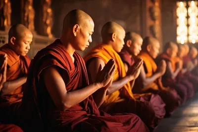 Buddhist Monks Praying in a Temple