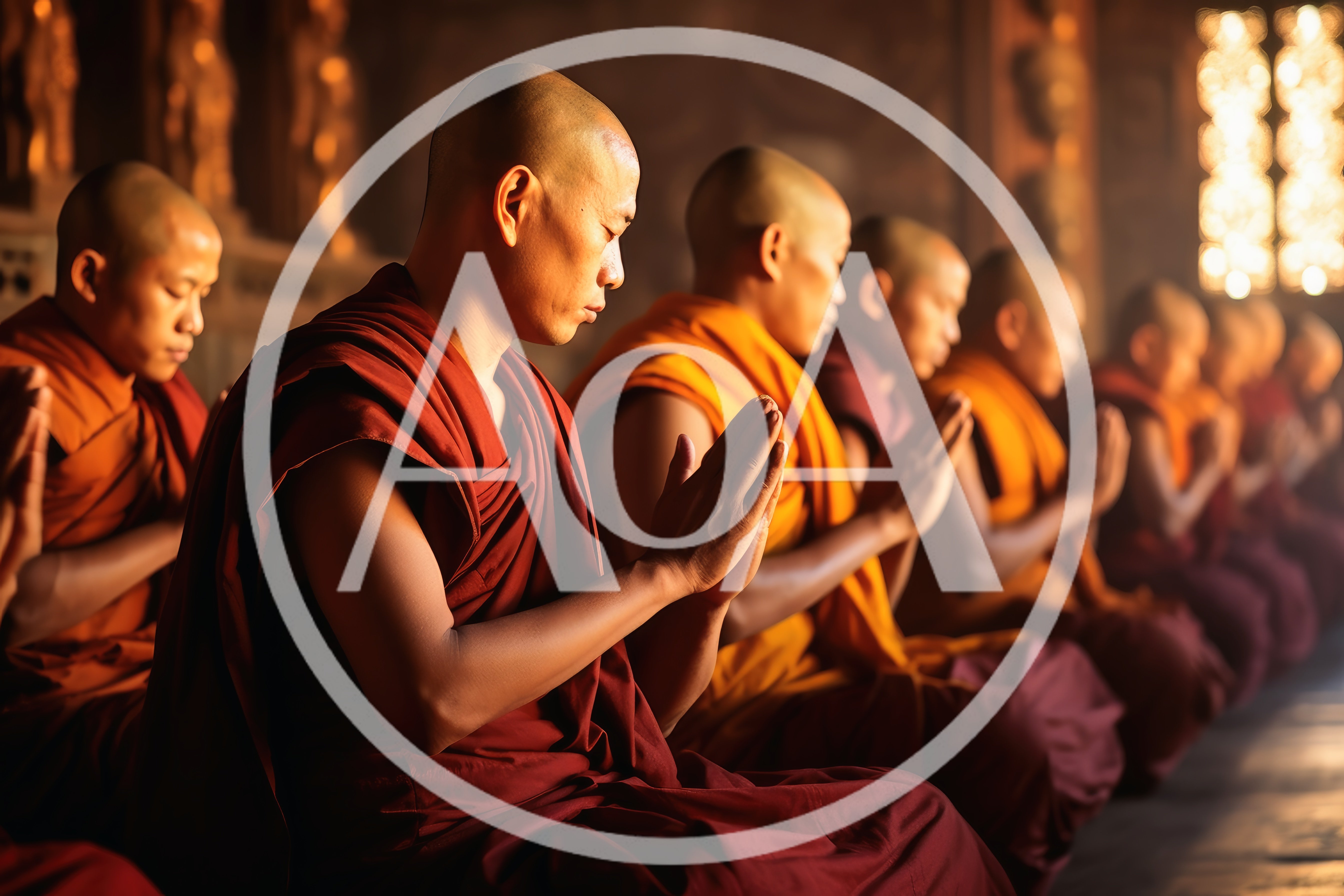 Buddhist Monks Praying in a Temple