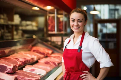 Smiling Female Butcher Standing Behind Meat Display Case