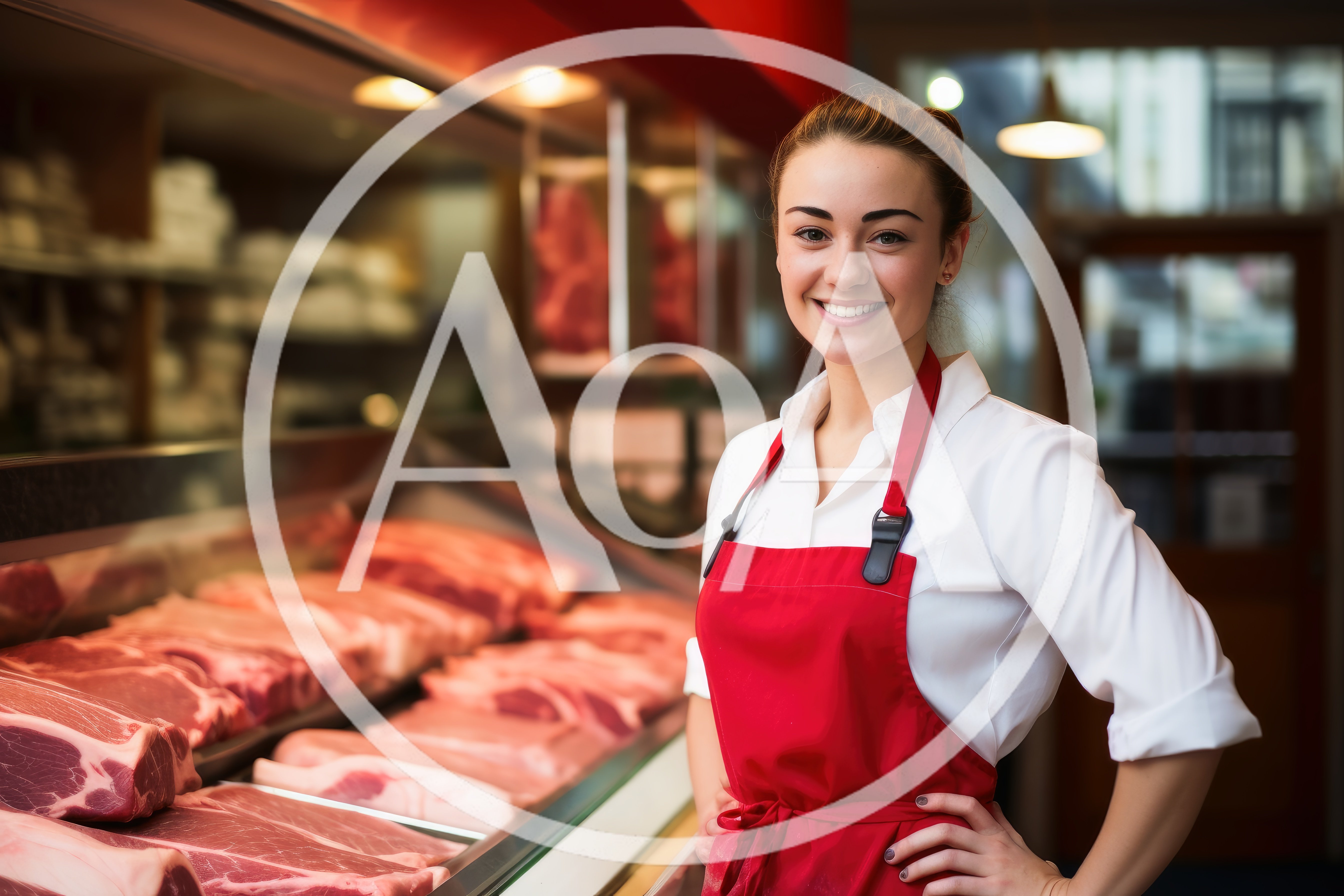 Smiling Female Butcher Standing Behind Meat Display Case
