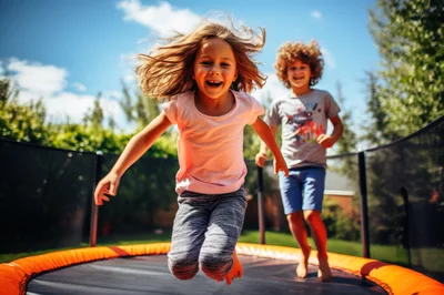 Happy Children Jumping Together on a Backyard Trampoline