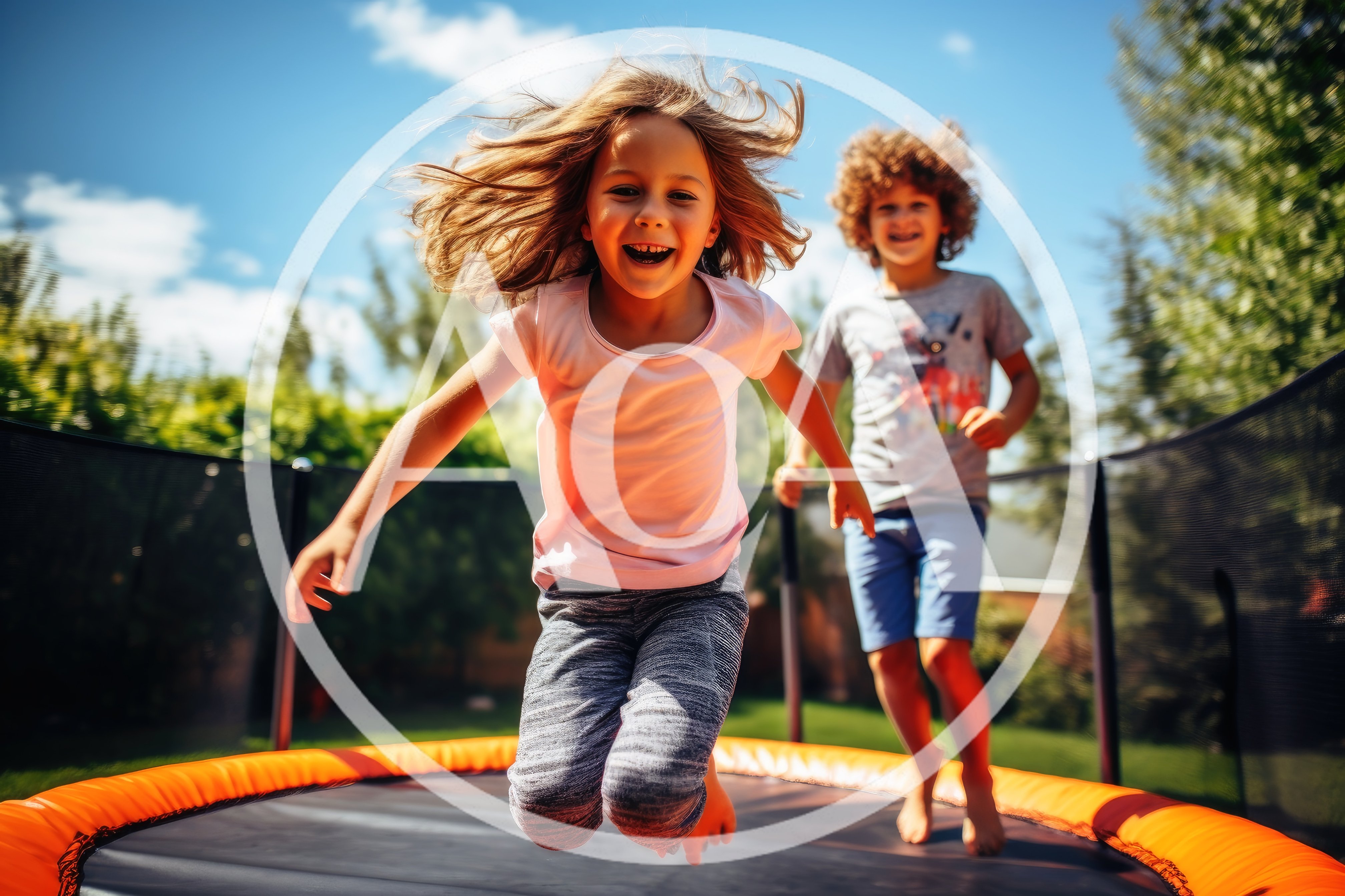 Happy Children Jumping Together on a Backyard Trampoline