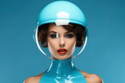 Portrait Of A Woman Wearing A Futuristic Blue Helmet