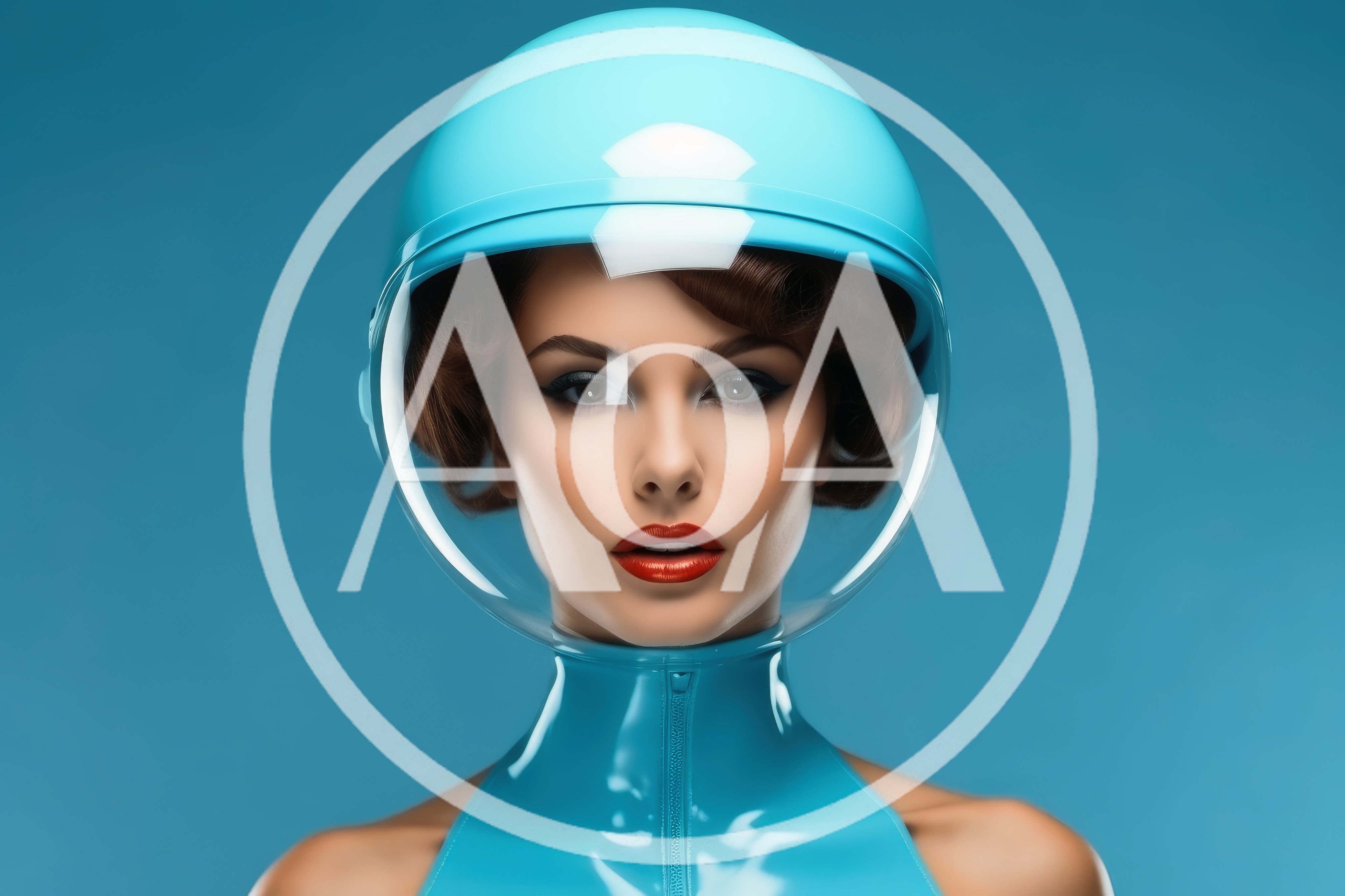 Portrait Of A Woman Wearing A Futuristic Blue Helmet