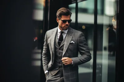 Stylish Businessman In A Grey Plaid Three Piece Suit