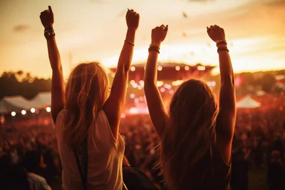Two Women With Arms Raised At Music Festival