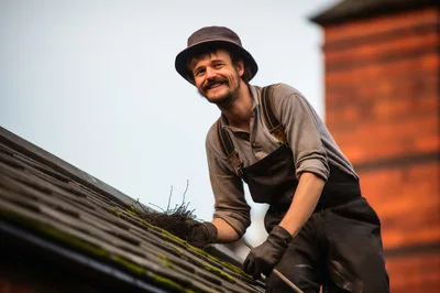 Smiling Roofer Cleaning Moss From Residential Roof