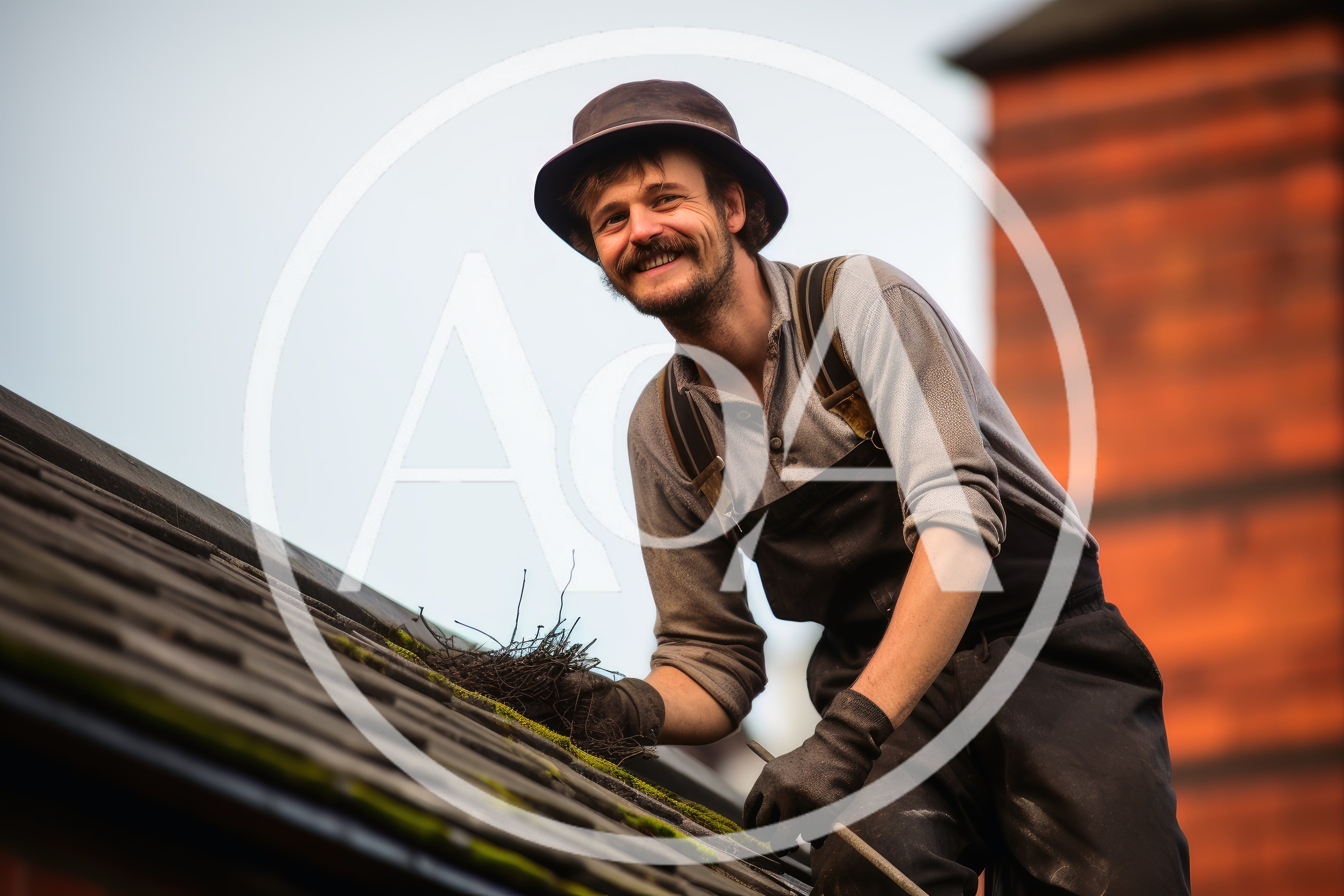 Smiling Roofer Cleaning Moss From Residential Roof