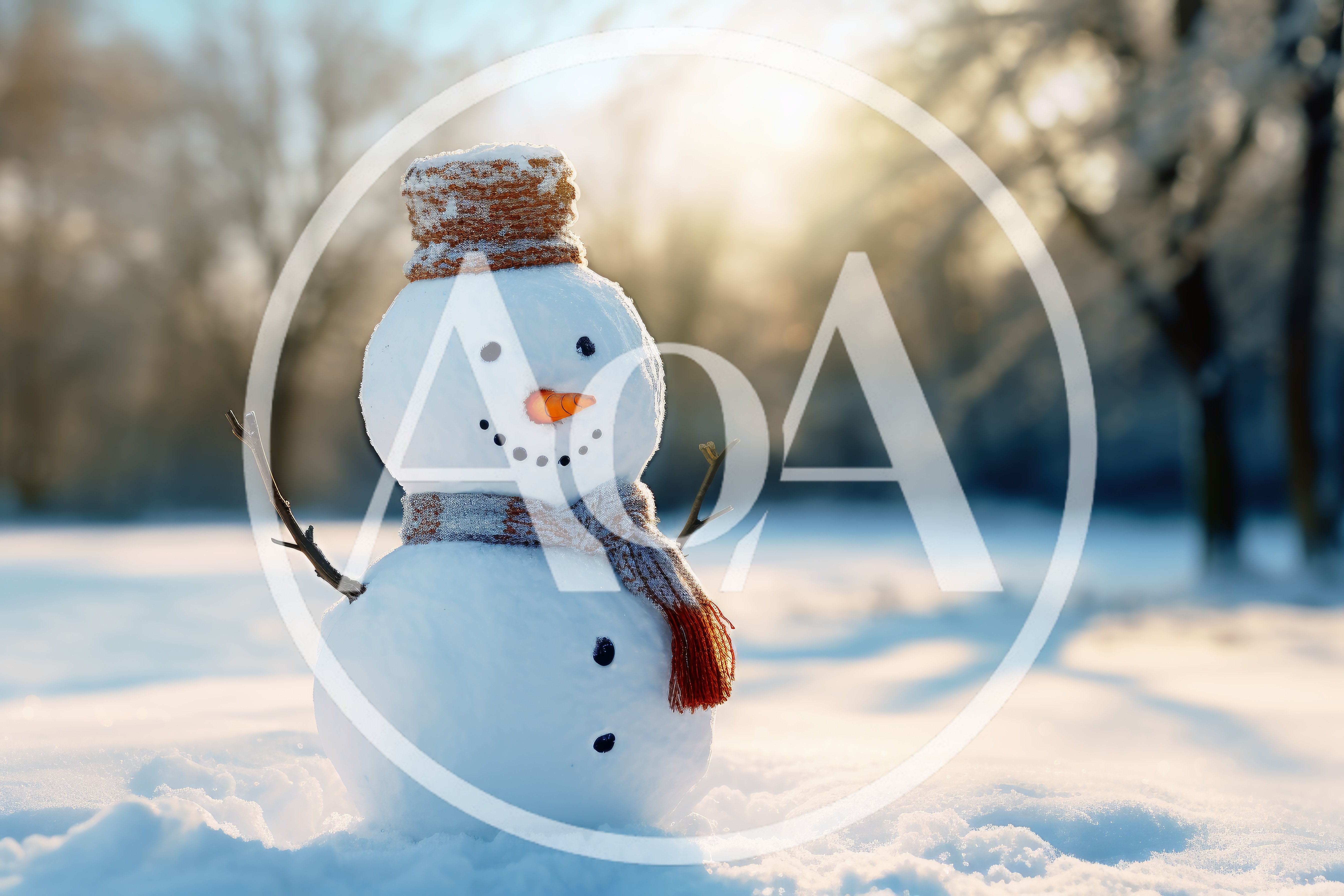 Cute Snowman Standing In A Snowy Winter Landscape