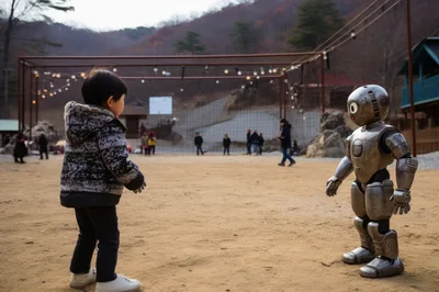 Young Child Interacting With A Metallic Humanoid Robot