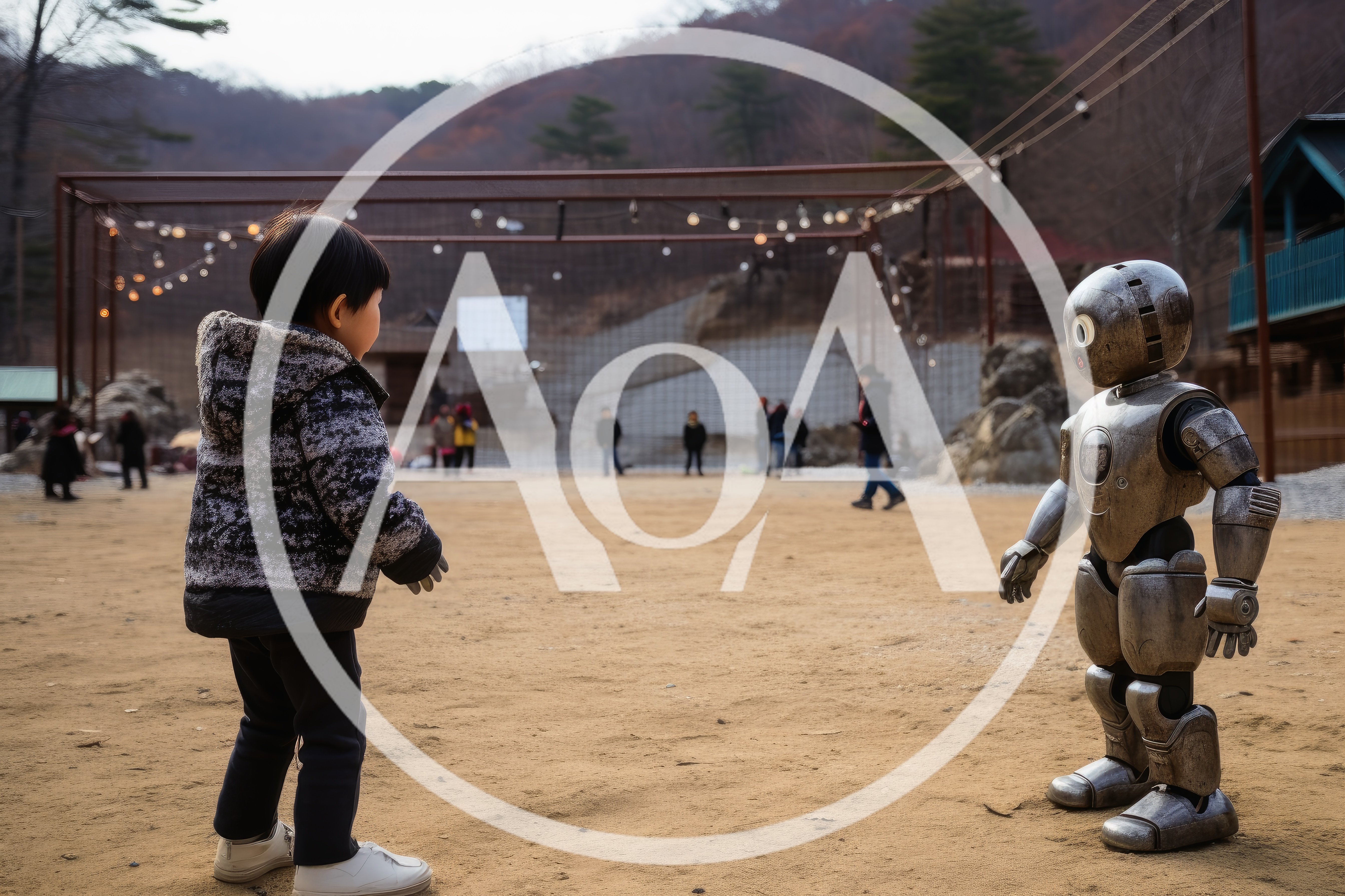 Young Child Interacting With A Metallic Humanoid Robot
