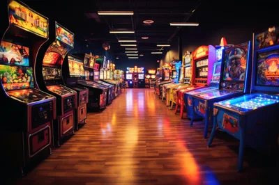 Rows Of Vintage Pinball Machines In A Dark Arcade